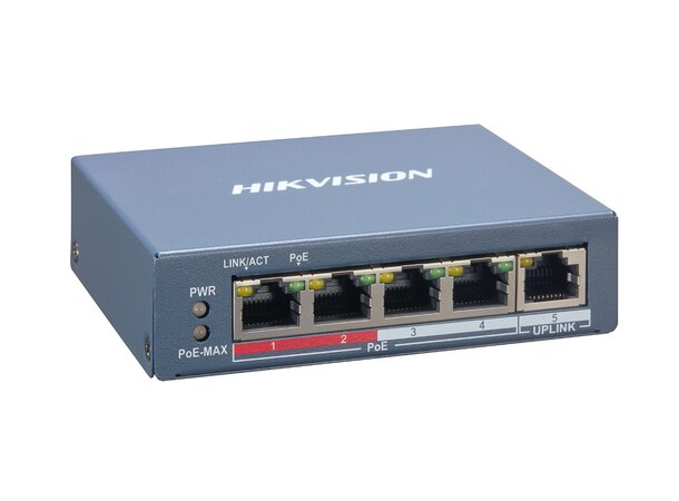 HikVision 5-Port 10/100Mbit PoE+ svitsj 4x100Mbit PoE+, 1x1Gbit uplink, SMART